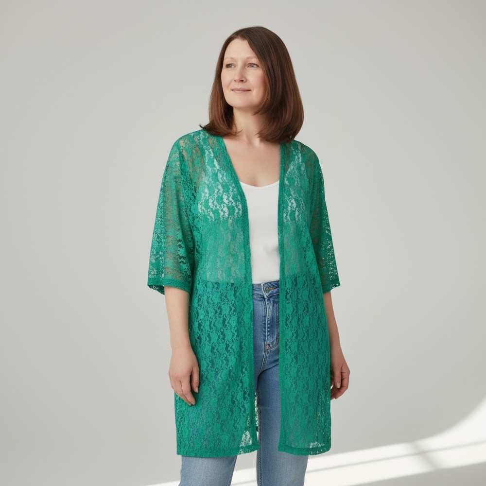 Hot Ginger Long Line Green Lace Kimono Cardigan Size 4X